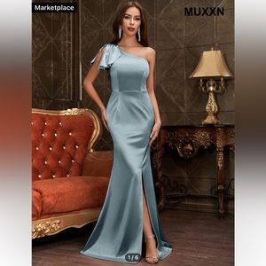 MUXXN One Shoulder Knot Detail Split Thigh Satin Formal Dress